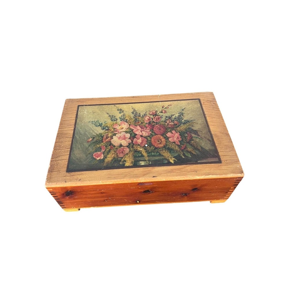 Vintage Wooden Floral Decoupage Jewelry Keepsake Box Footed Rustic Cottagecore
